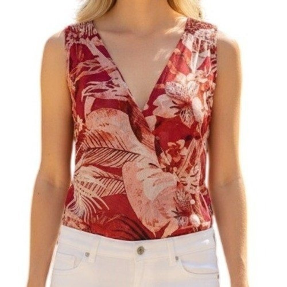 WHITE HOUSE BLACK MARKET Red Pink Tropical Floral Mesh Surplice Bodysuit EUC XS